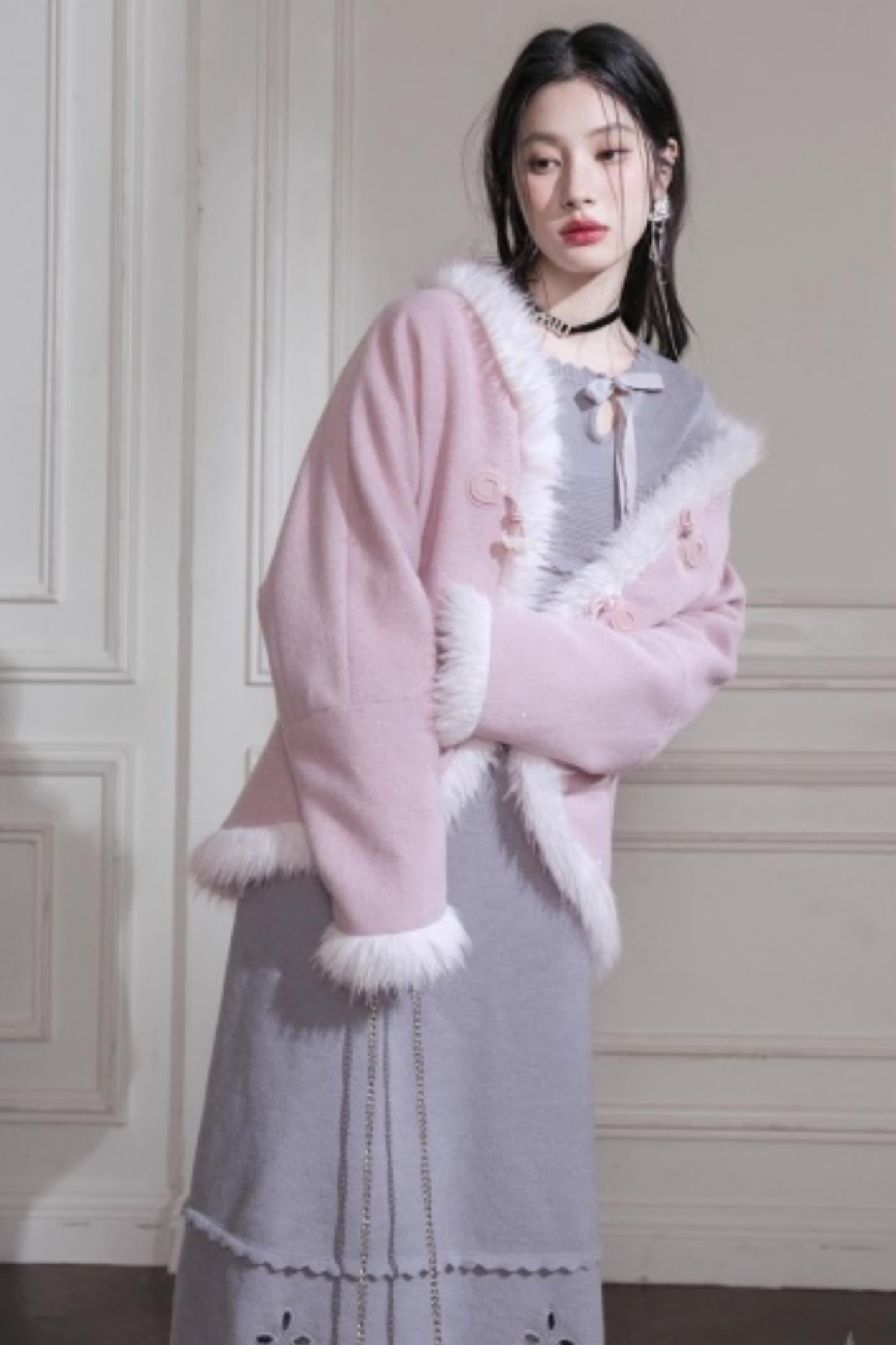 Snow Cherry Fleece Collar Wool Coat