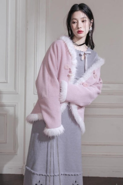 Snow Cherry Fleece Collar Wool Coat
