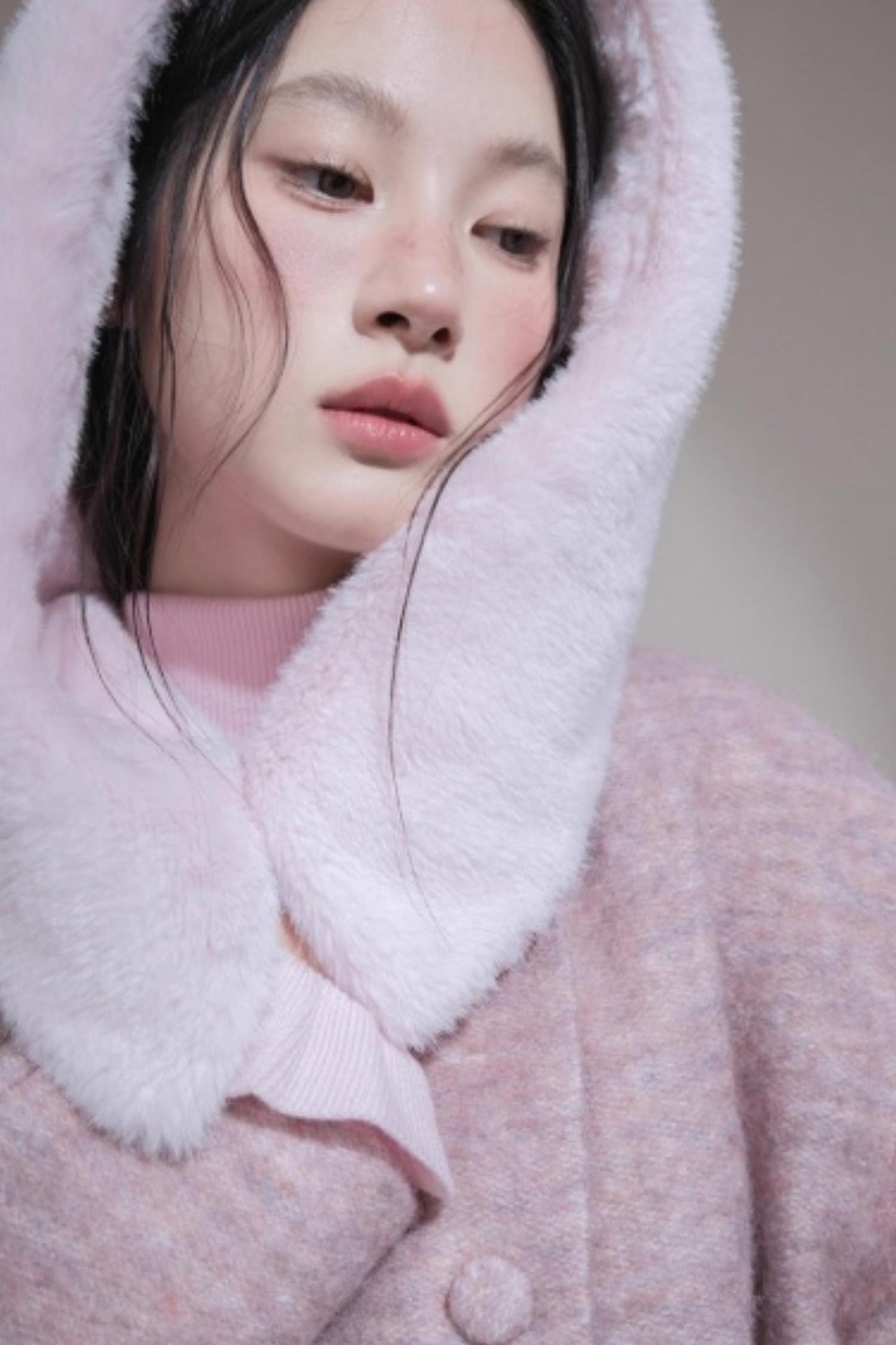 Cream Pink Hooded Wool Coat Set