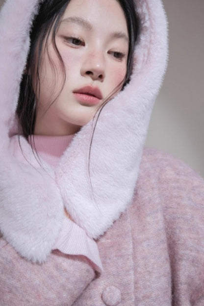 Cream Pink Hooded Wool Coat Set