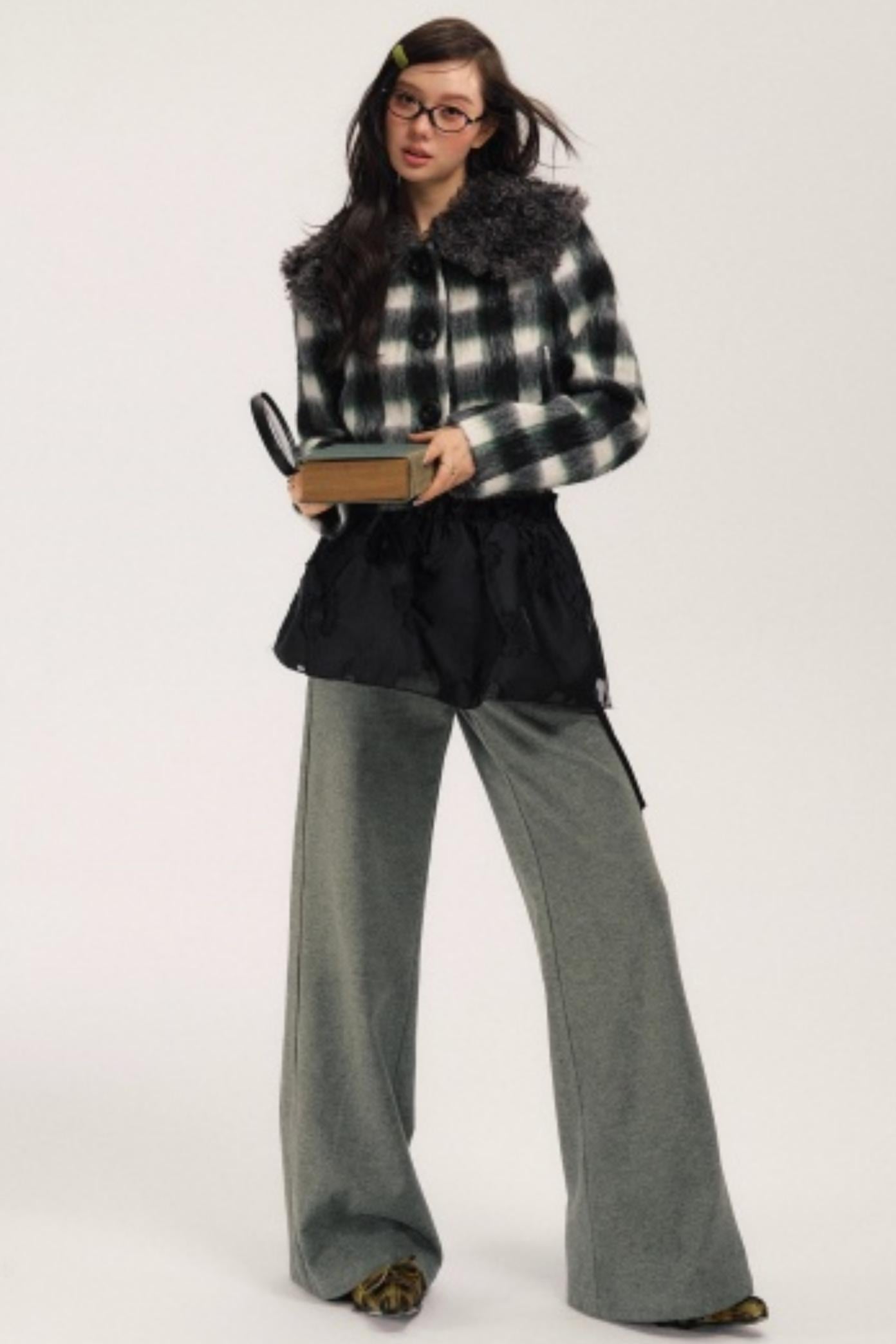 Plaid Wool Fur Collar Jacket