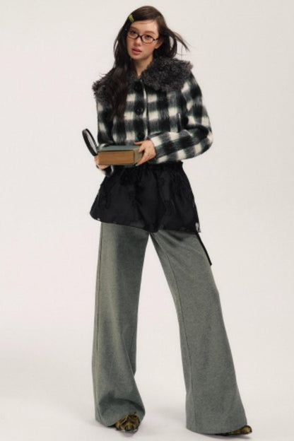 Plaid Wool Fur Collar Jacket