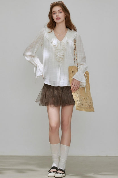 White V-Neck Ruffled French Top Shirt