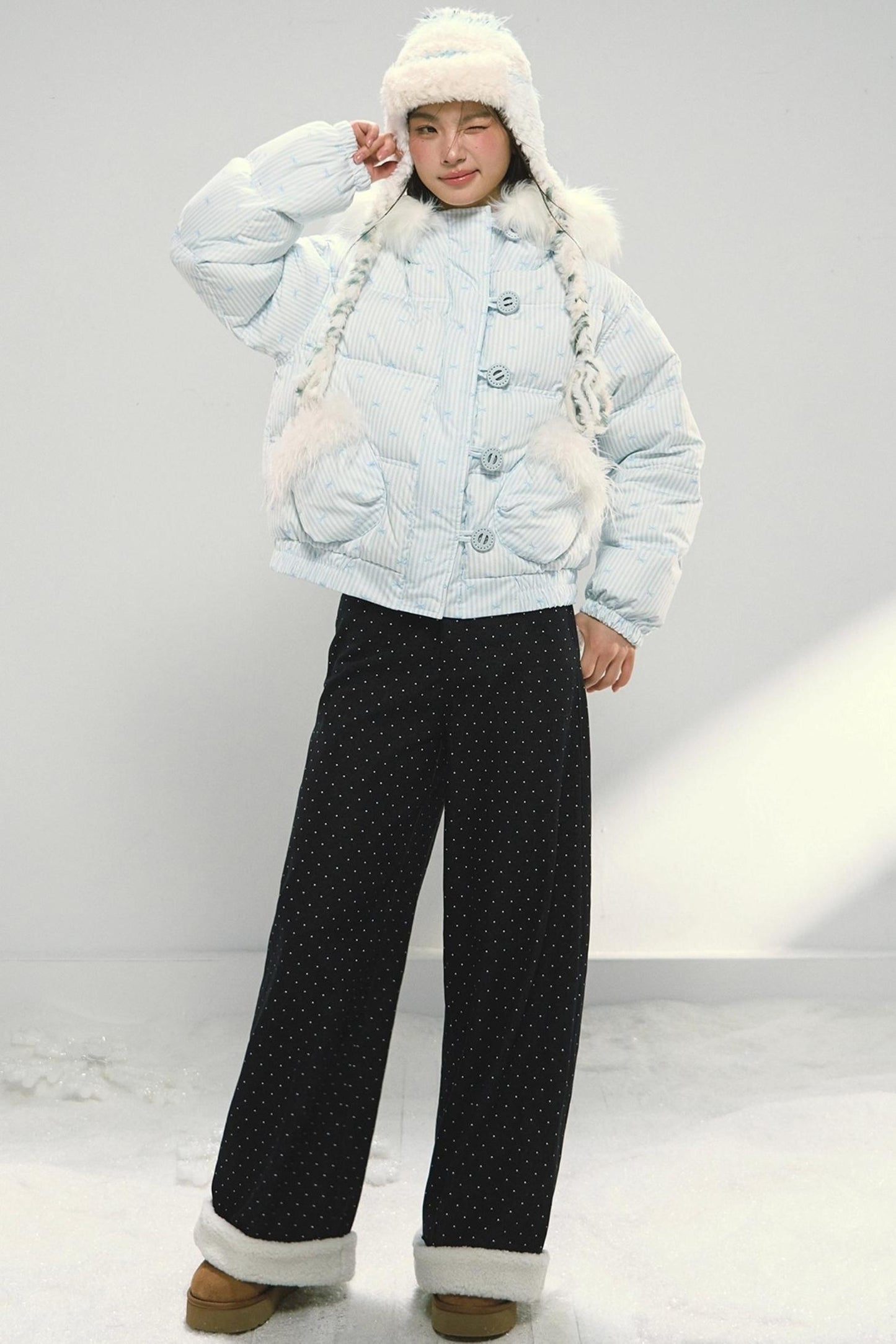 Dark Blue Polka Dot Patchwork Wide-Leg Jeans