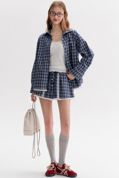 Lace Stitching Check Short Skirt