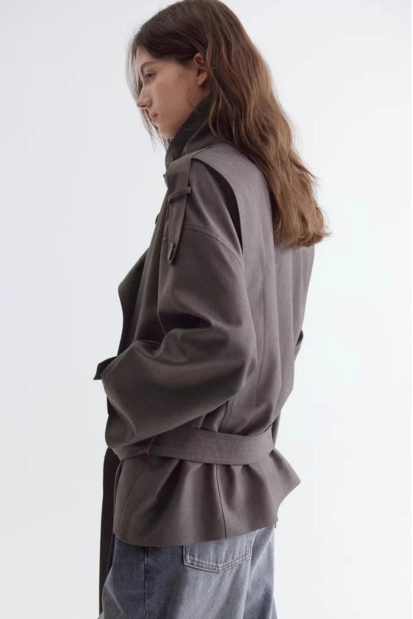 Off-Shoulder Double-Breasted Trench Coat