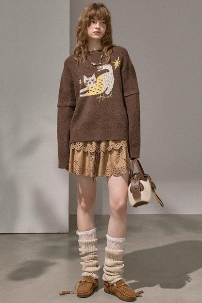 Cute Kitten Crew Neck Knit Sweater