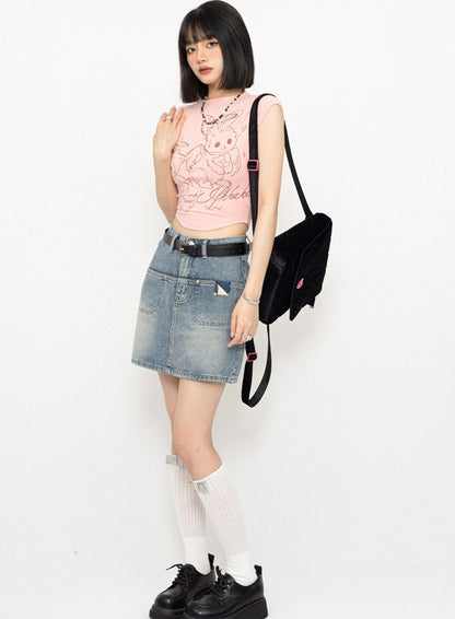 Pocket Slit Flap Design Denim Skirt