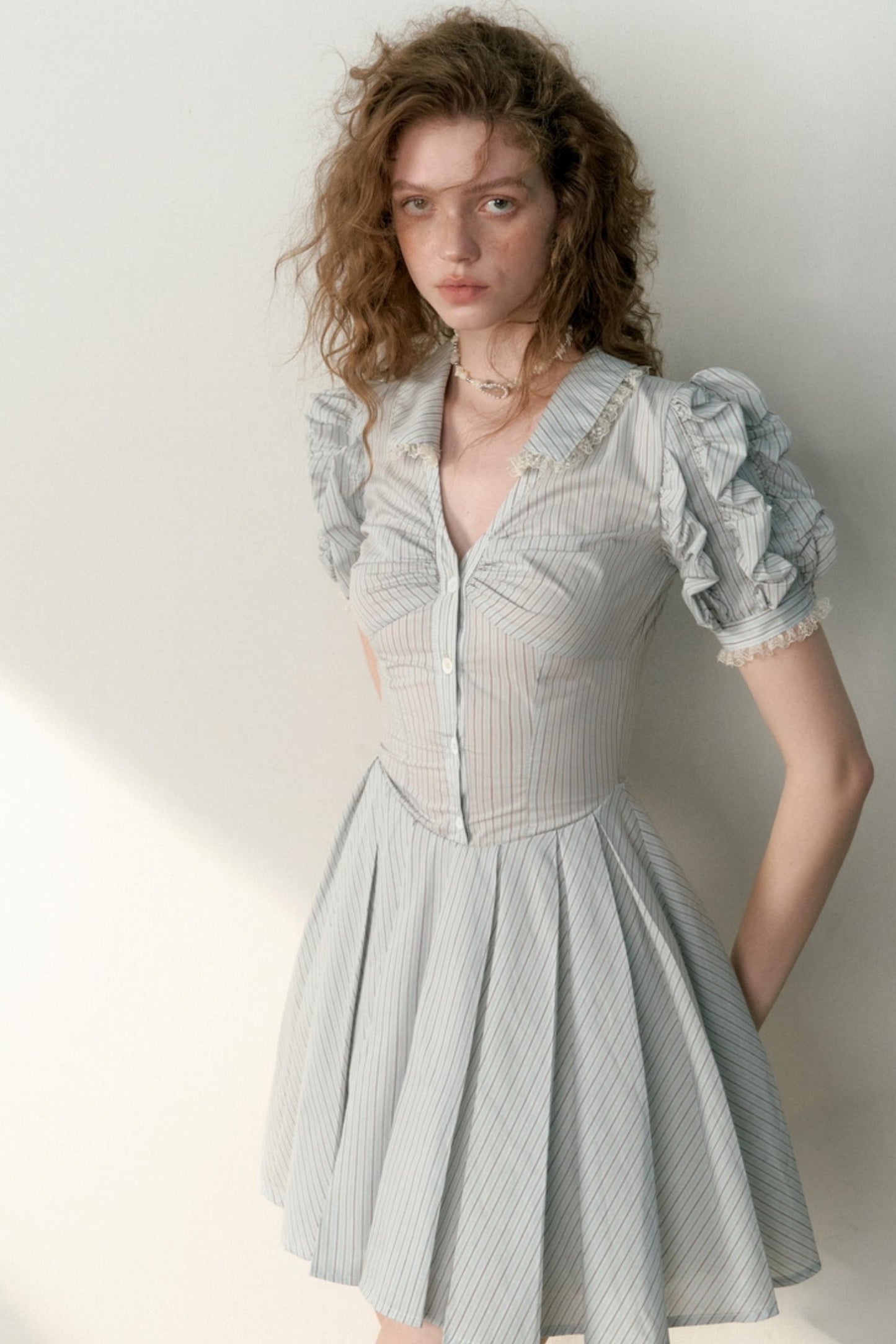 Blue Striped Bubble Sleeve Floral Pleated Dress