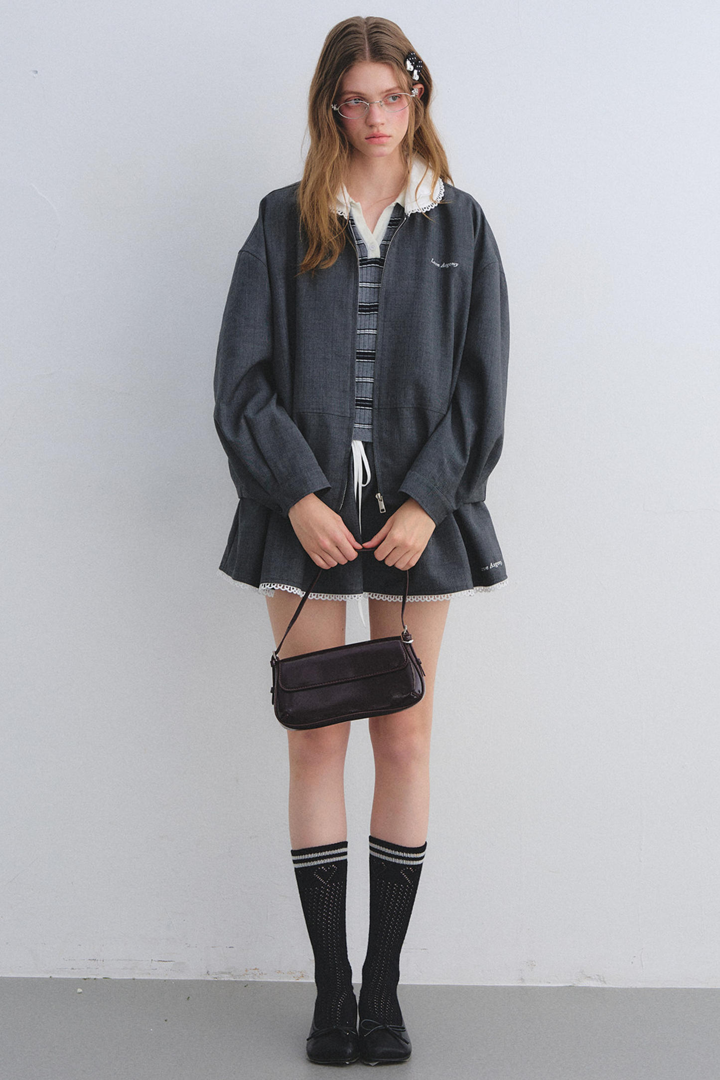 Lace Floral Gray Jacket Skirt Set-Up