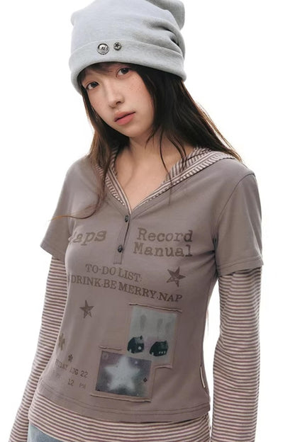 Hooded Spliced Long-Sleeve Top