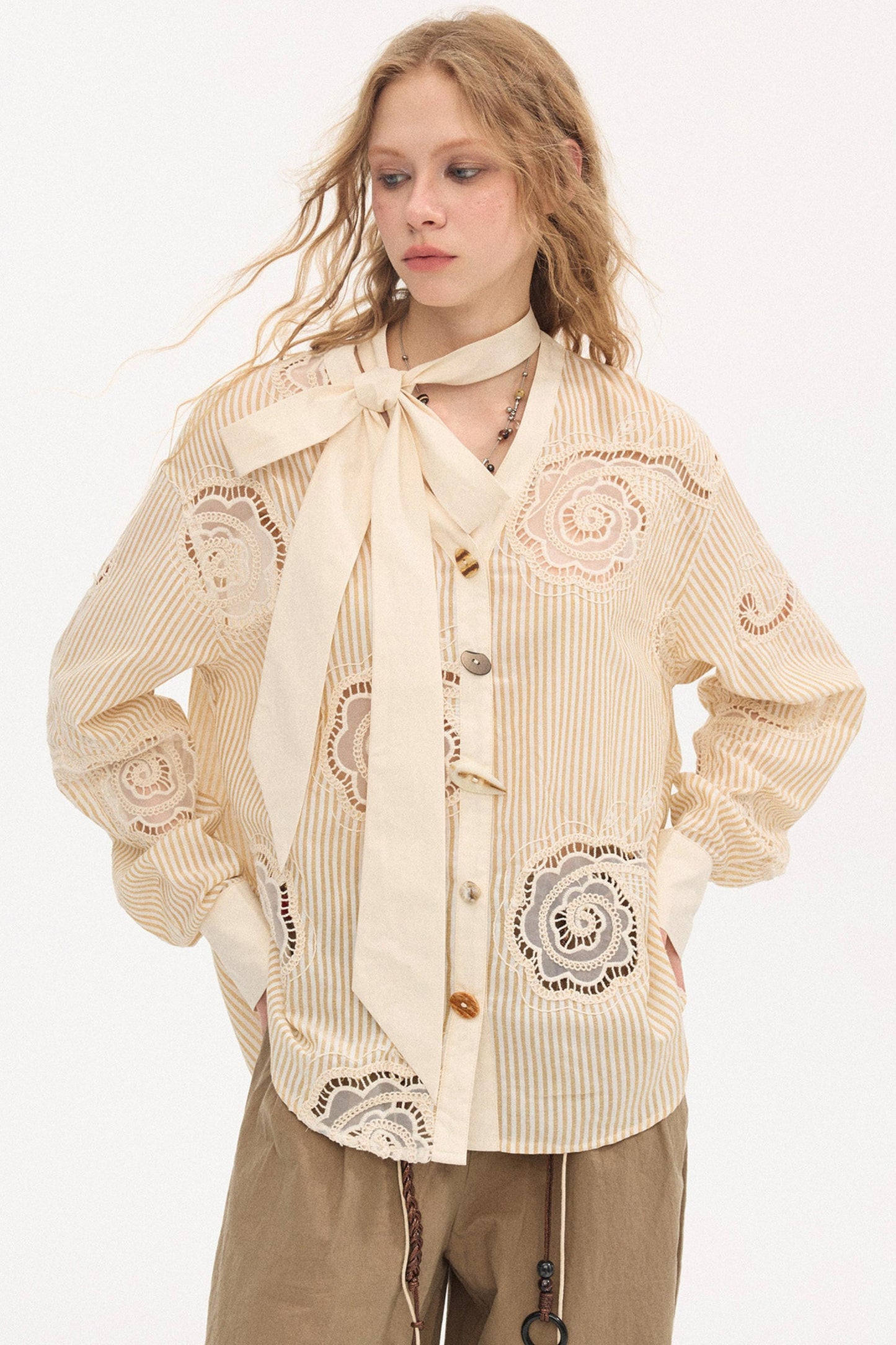 Tie-Back Bow Embroidered Shirt