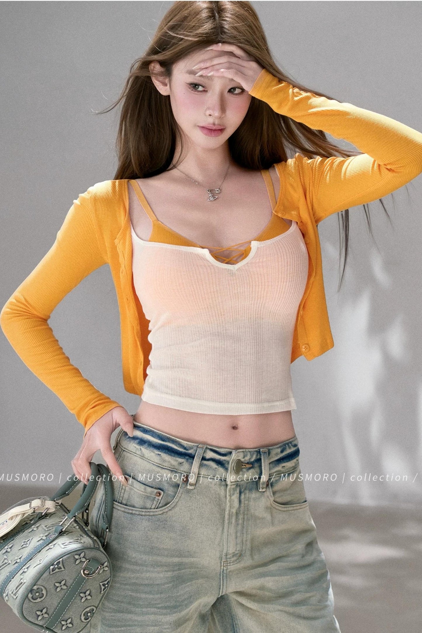 Textured Knit Cardigan Tank Top Three-Piece Set-Up