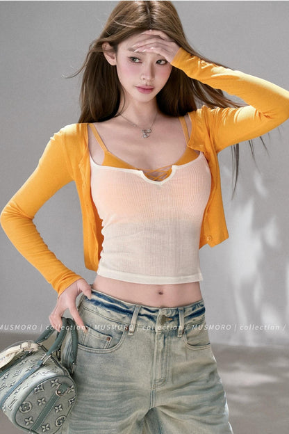 Textured Knit Cardigan Tank Top Three-Piece Set-Up