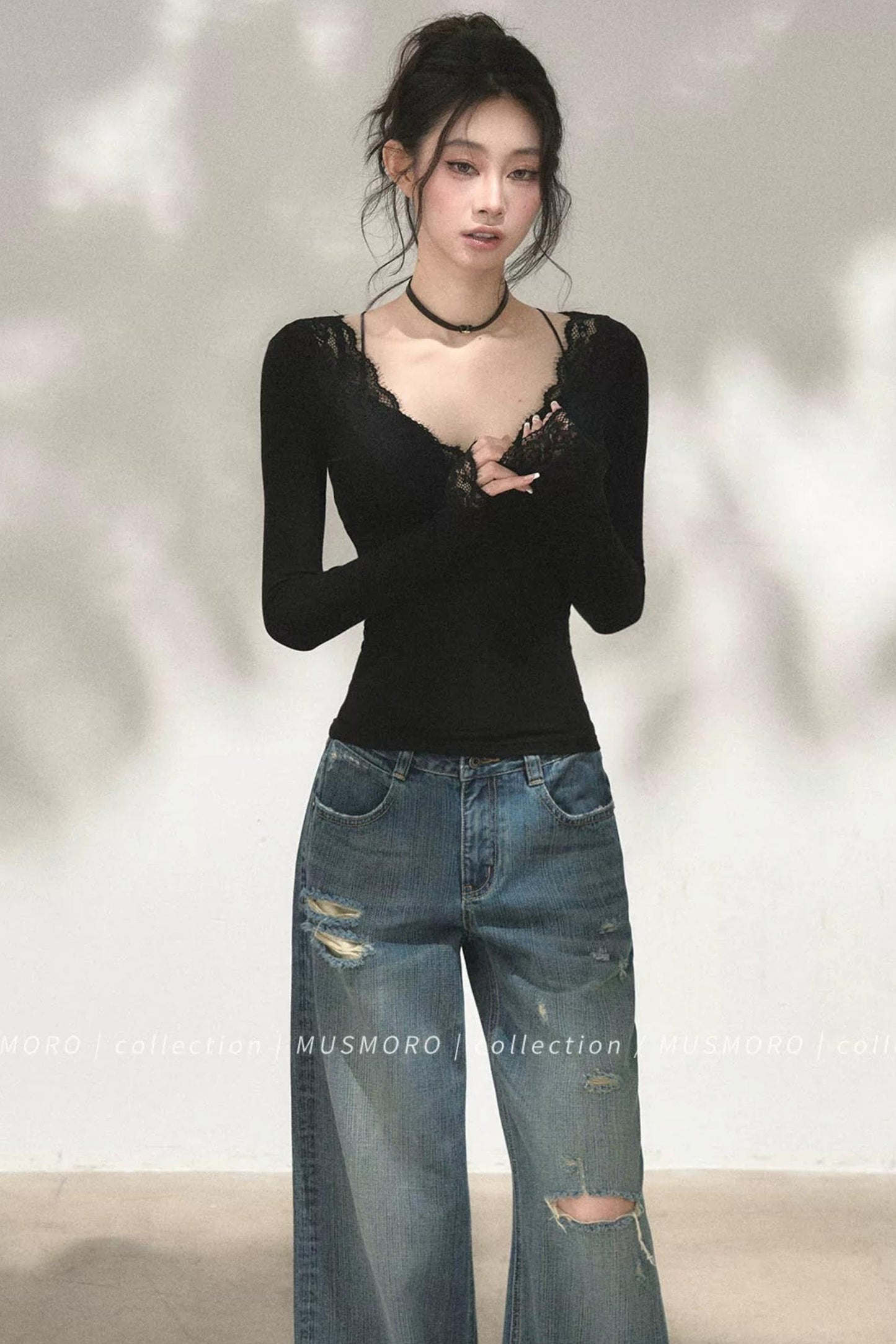 Top in maglia di pizzo a toppe