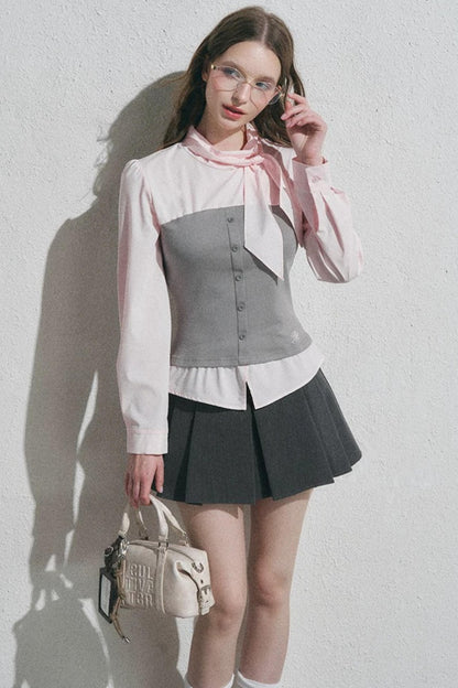 Bow Tie Spliced Shirt and Pleated Mini Skirt Set-Up