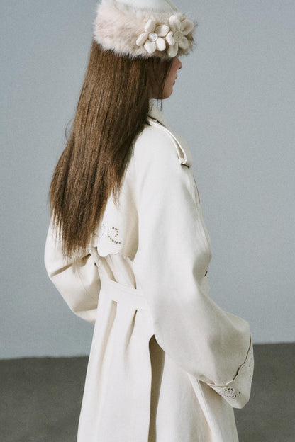 Creamy Hollow Flower Trench Coat