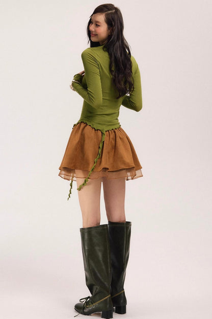 Suede Flower Bud Puffy Skirt