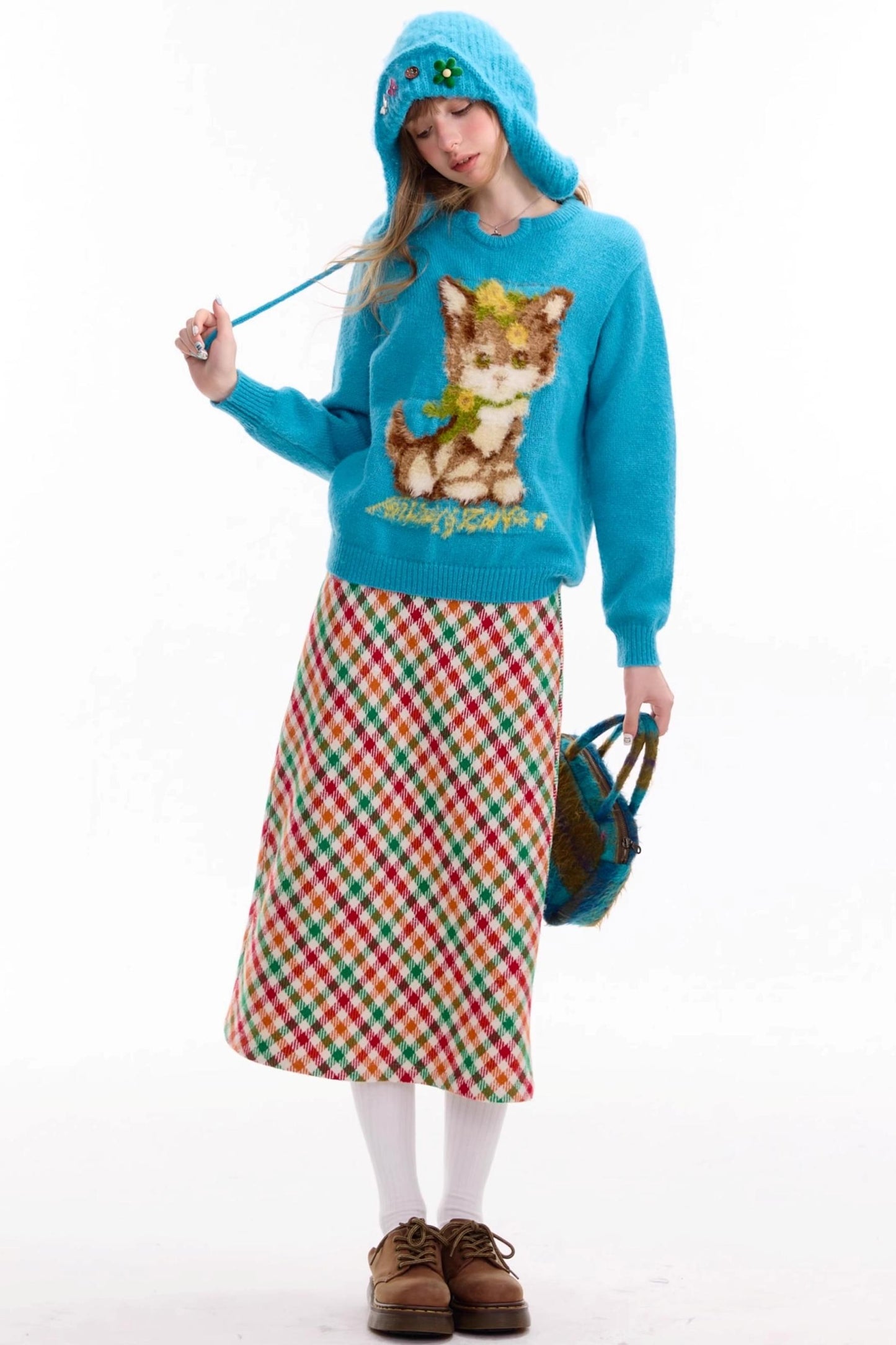 Cat Pattern Blue U Neck Sweater