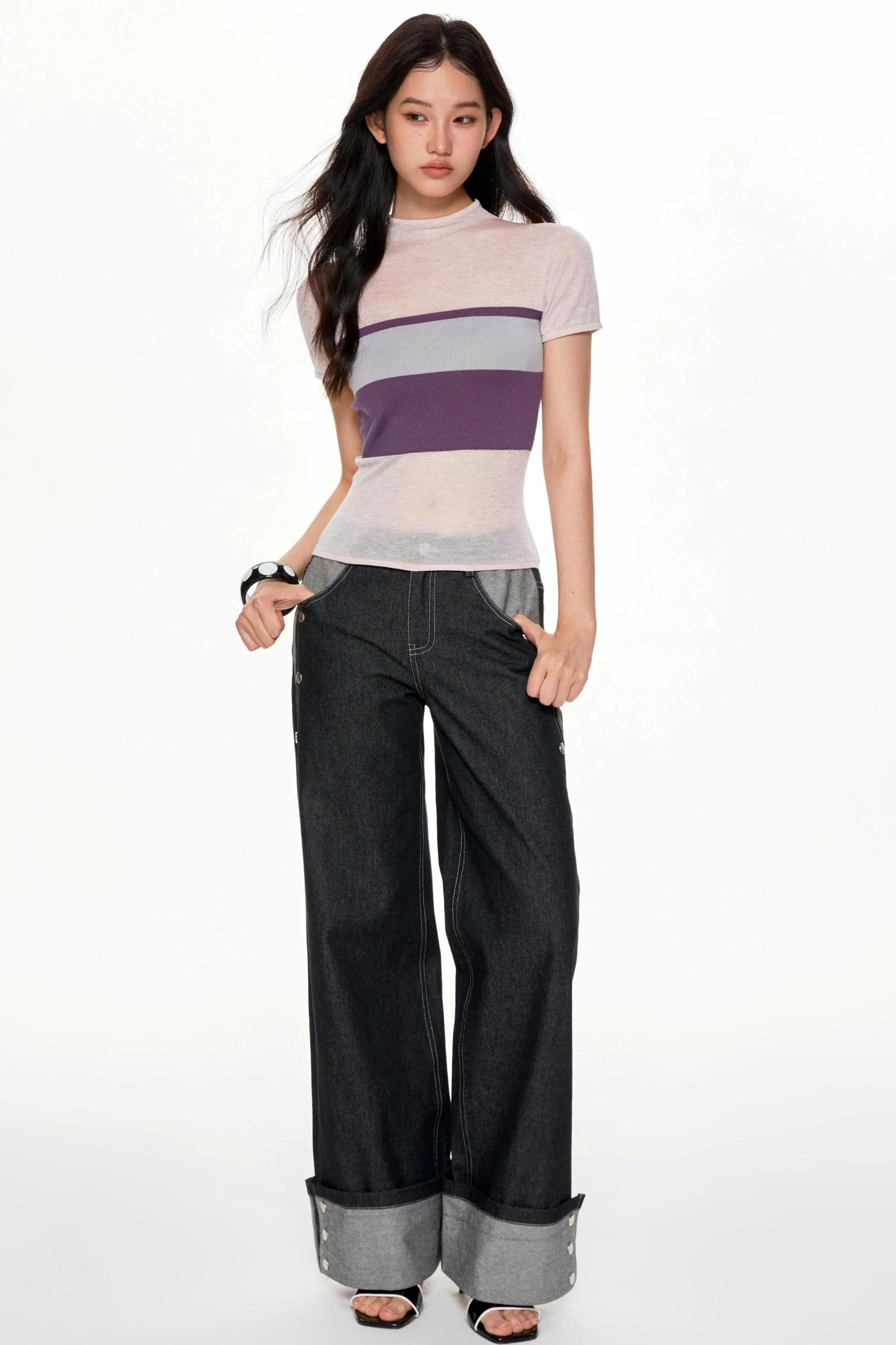 Color Collision High Neck Slim Top