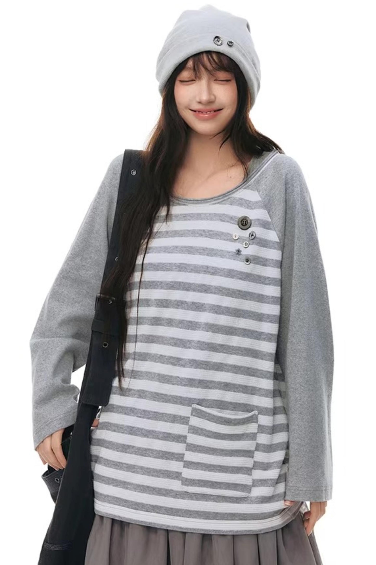 Button Striped Off-Shoulder Top