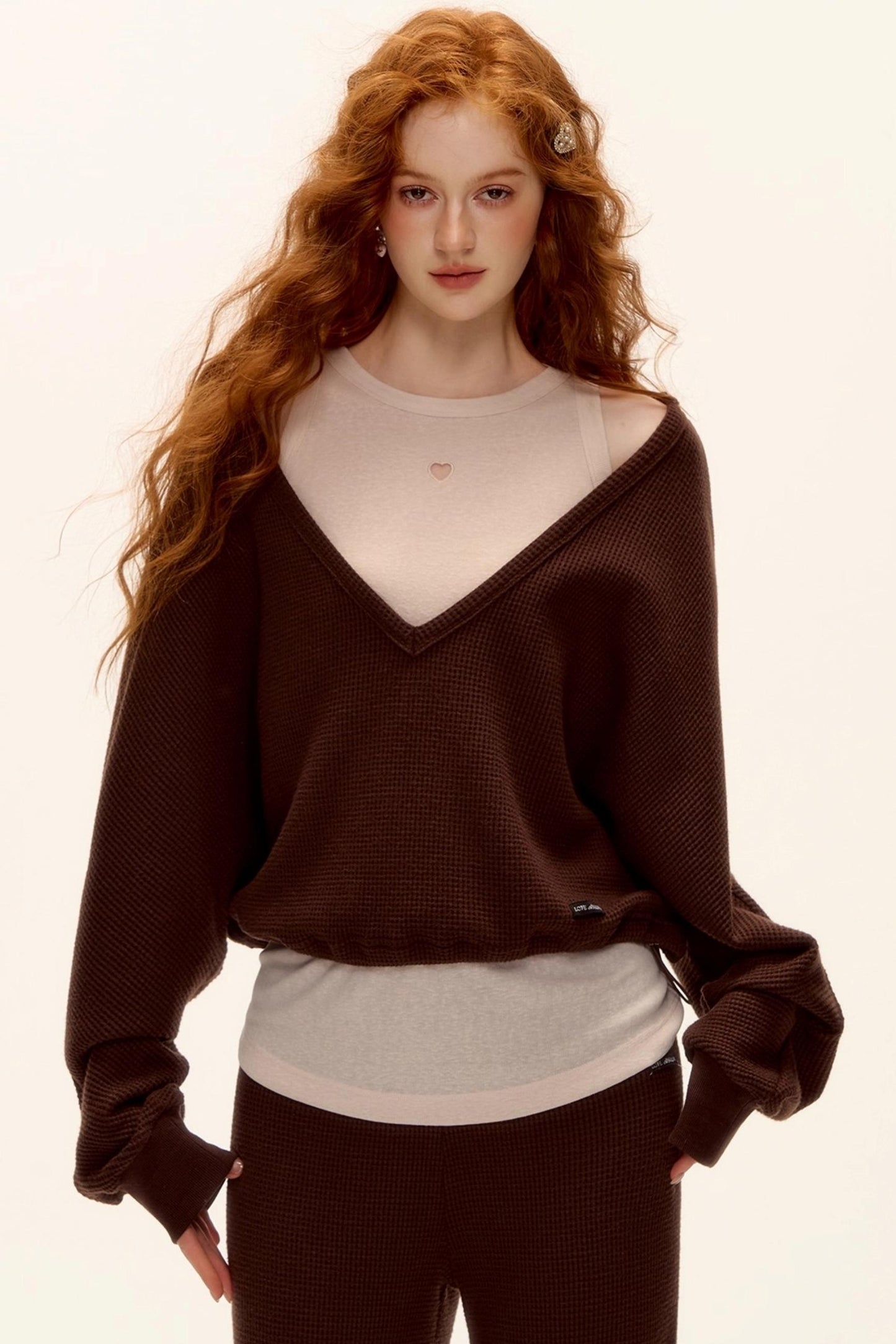 Waffle Knit V-Neck Sweater Set-Up