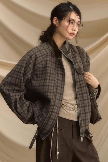 Stand Collar Plaid Woolen Jacket