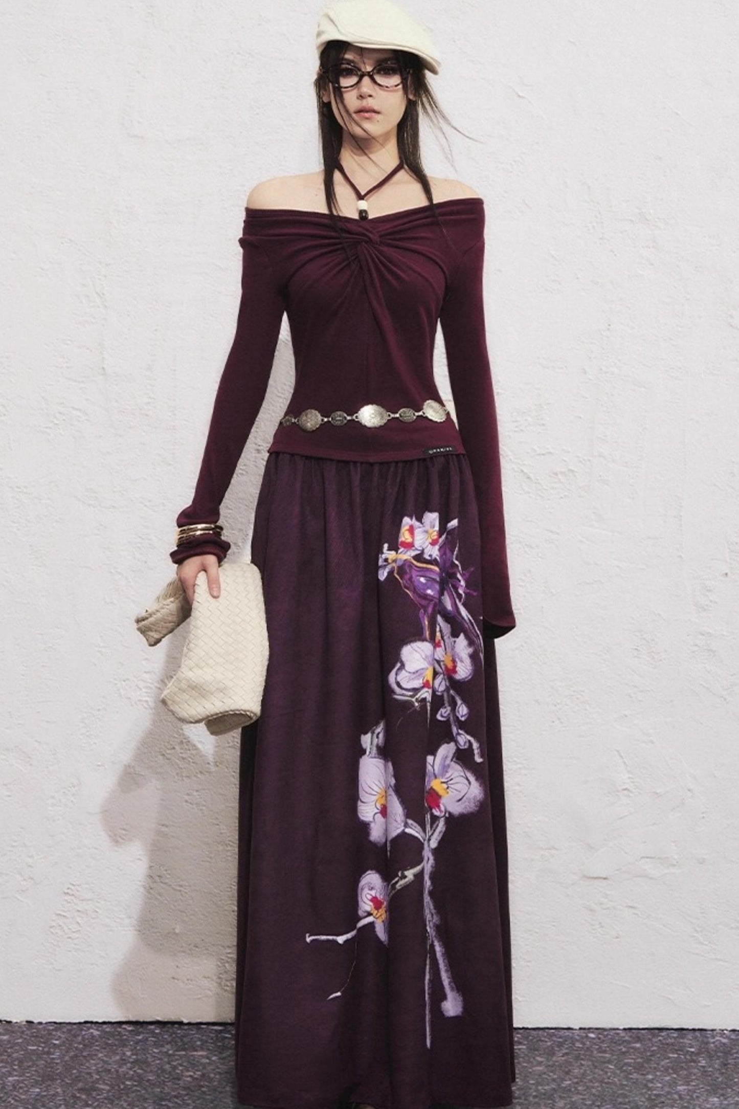 Purple Flower Print Long Skirt