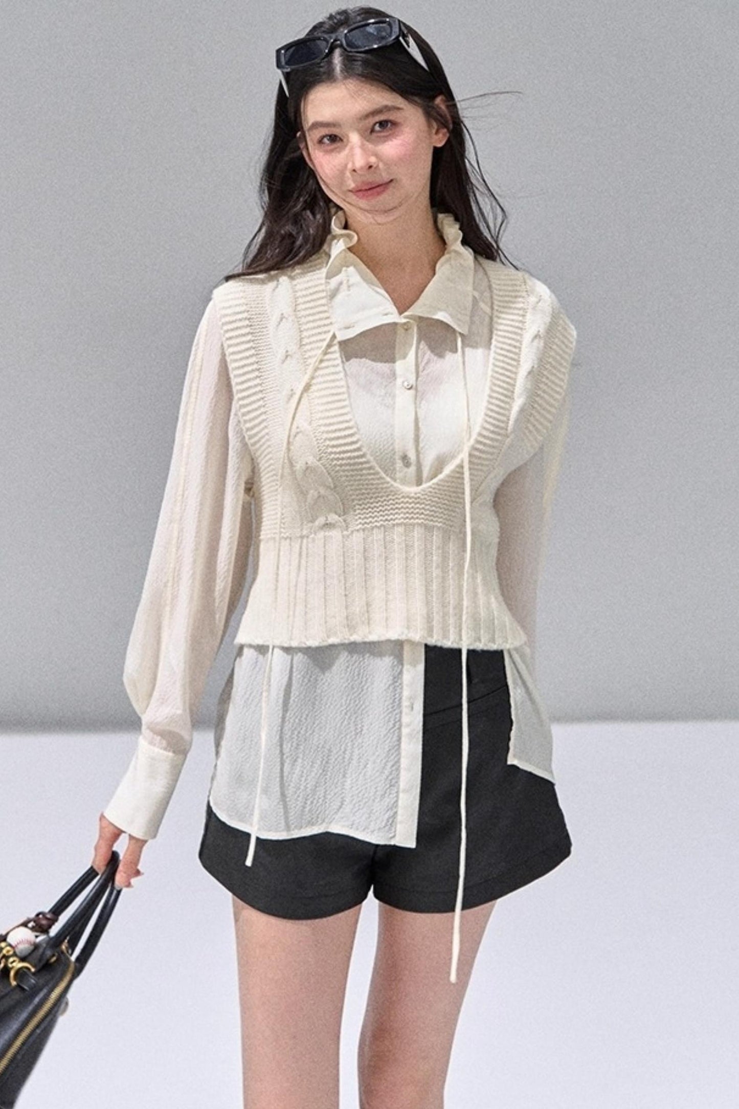 Fungus Edge Collar Drawstring Lace-up Shirt