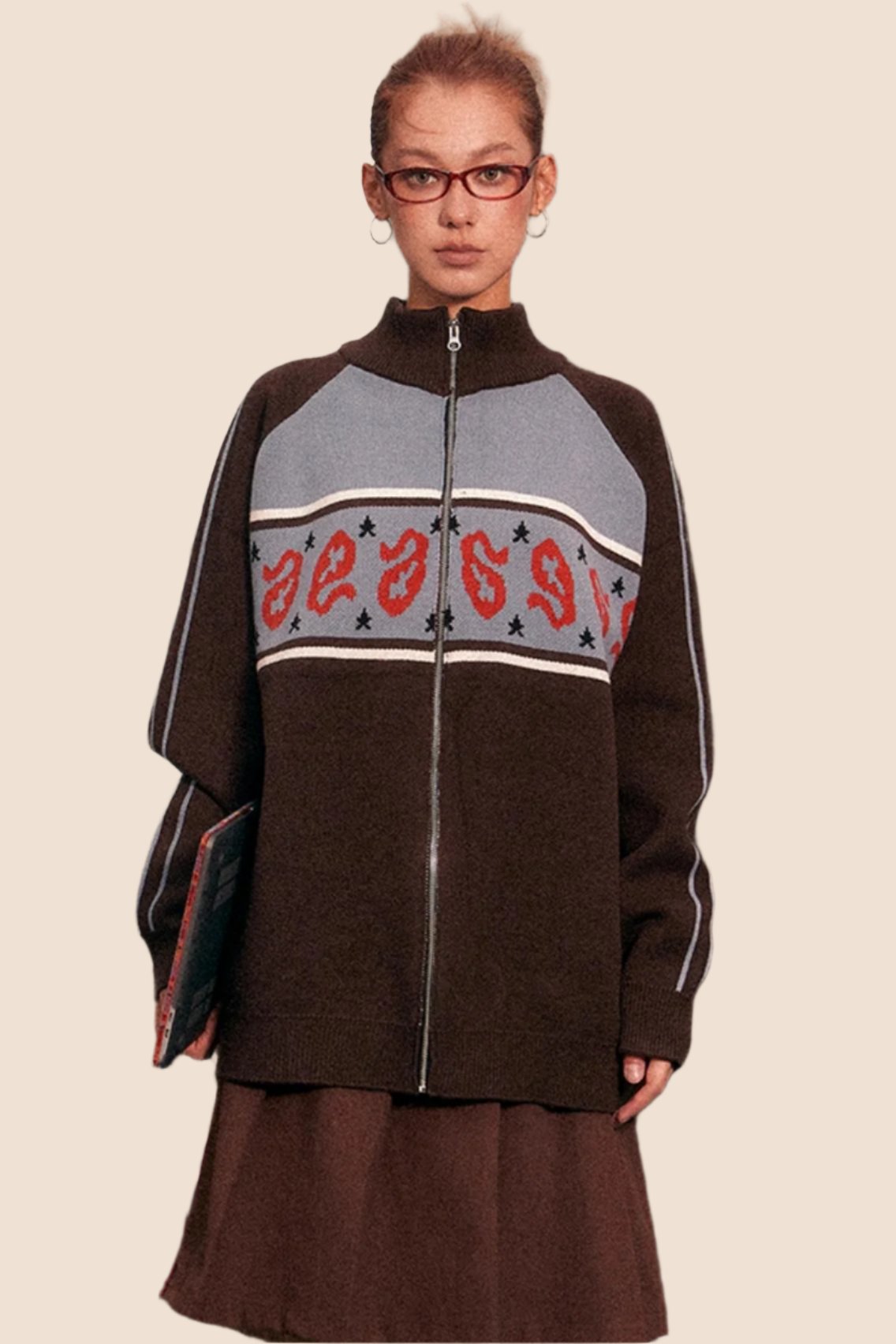 Retro Patchwork Contrast Turtleneck Top And Jacket