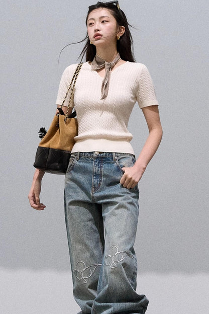 Vintage Burnt Flower Wide-Leg Jeans