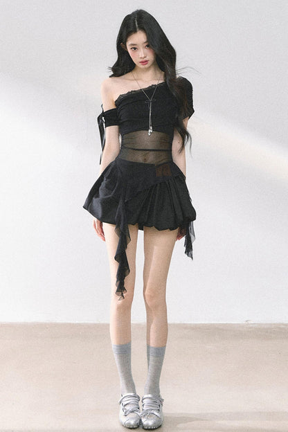 Sheer Mesh Off Shoulder T-Shirt