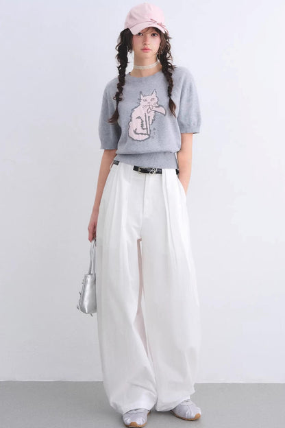 White Pleated Wide-Leg Pants Set-Up
