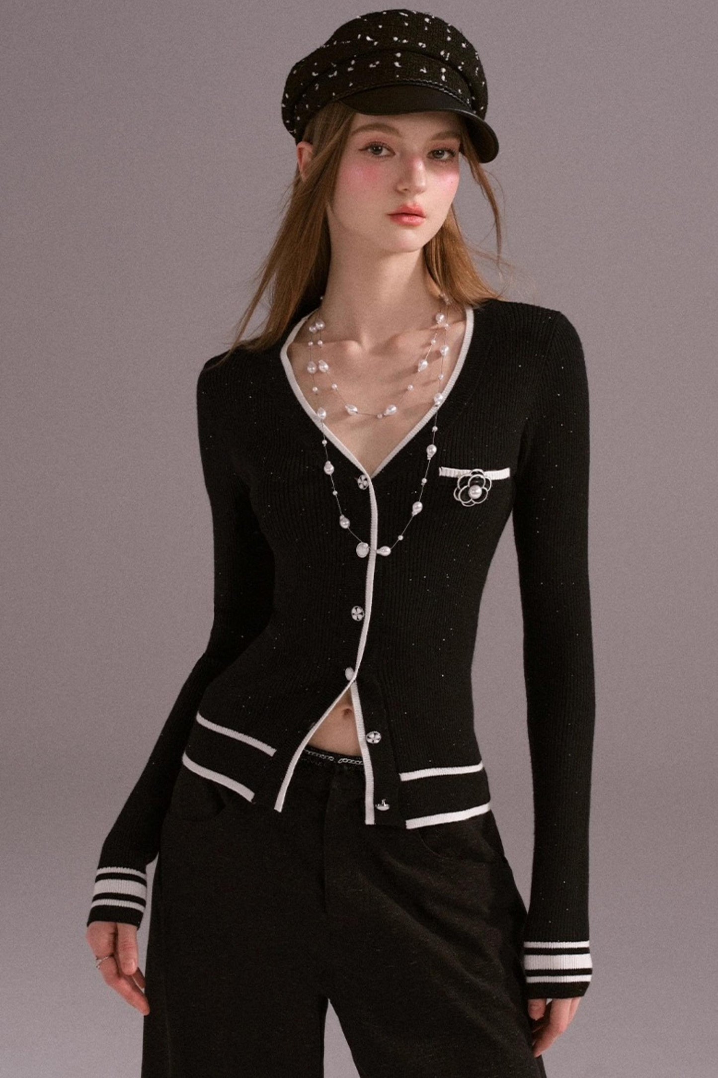 Hot Girl Contrast Knit Cardigan Suit Set-Up