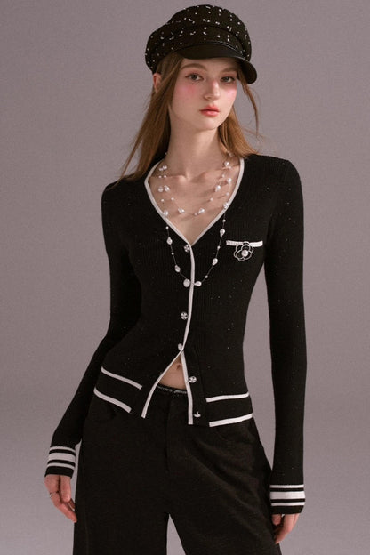 Hot Girl Contrast Knit Cardigan Suit Set-Up