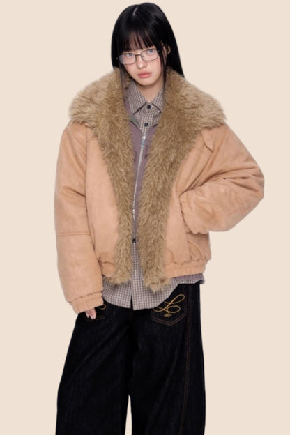 Faux Suede Fur Collar Jacket