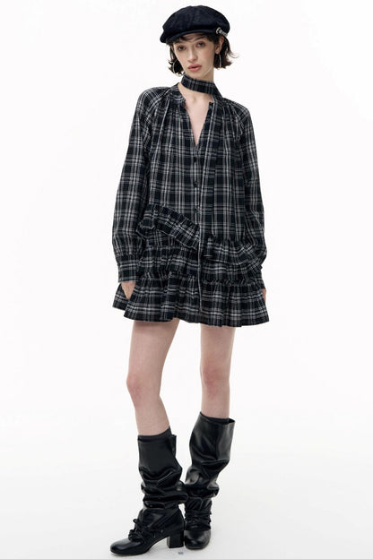 Plaid Ruffle Long Sleeve Shirt Dress