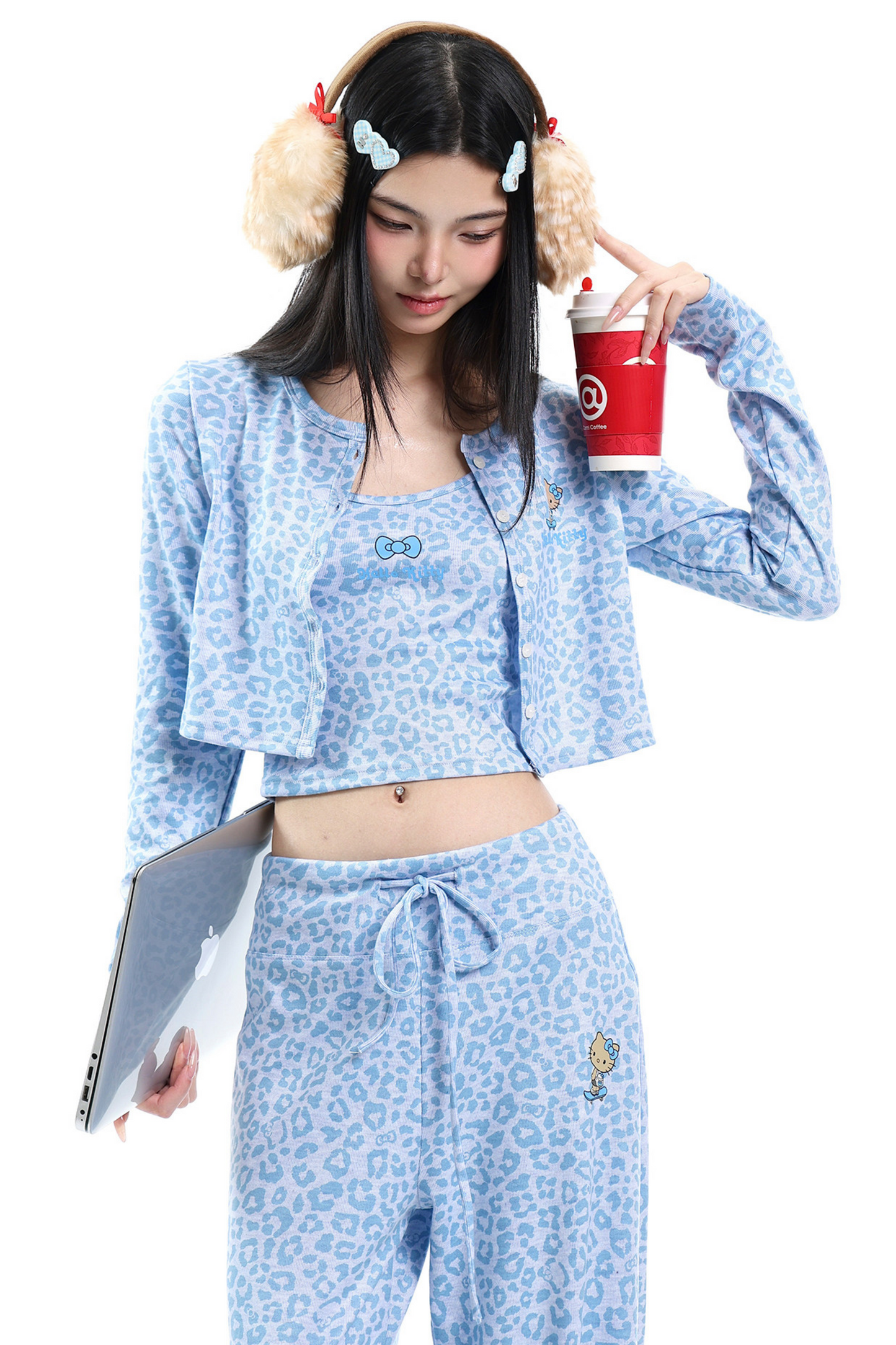 Blue Leopard Three-Piece Cardigan Set-Up