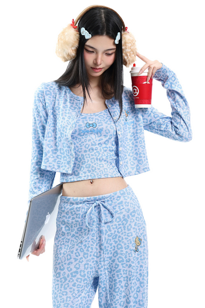 Blue Leopard Three-Piece Cardigan Set-Up