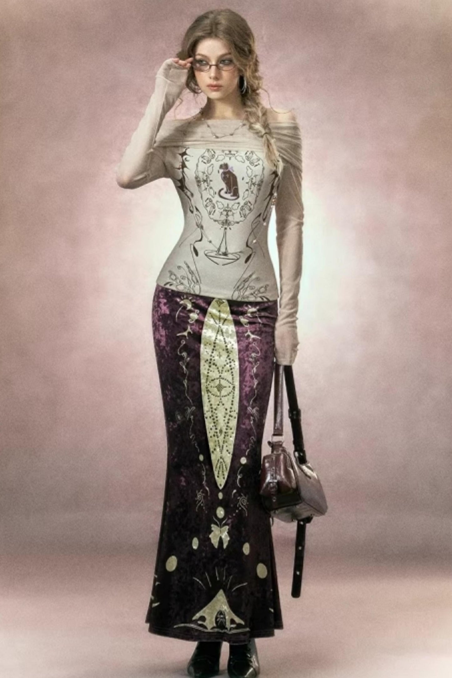 Hand-Painted Velvet Fishtail Skirt