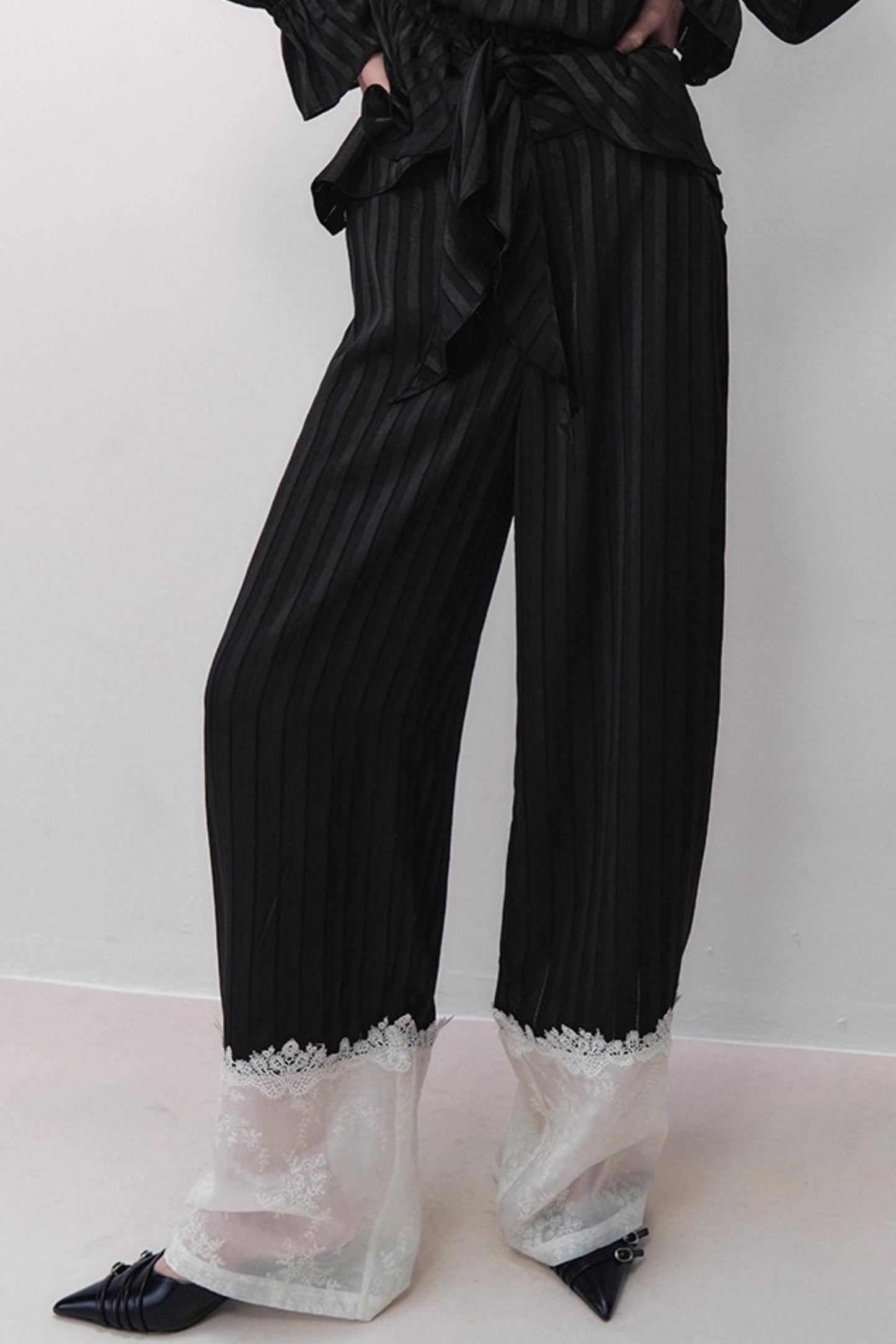 Flowing Tencel Embroidered Striped Straight-leg Pants