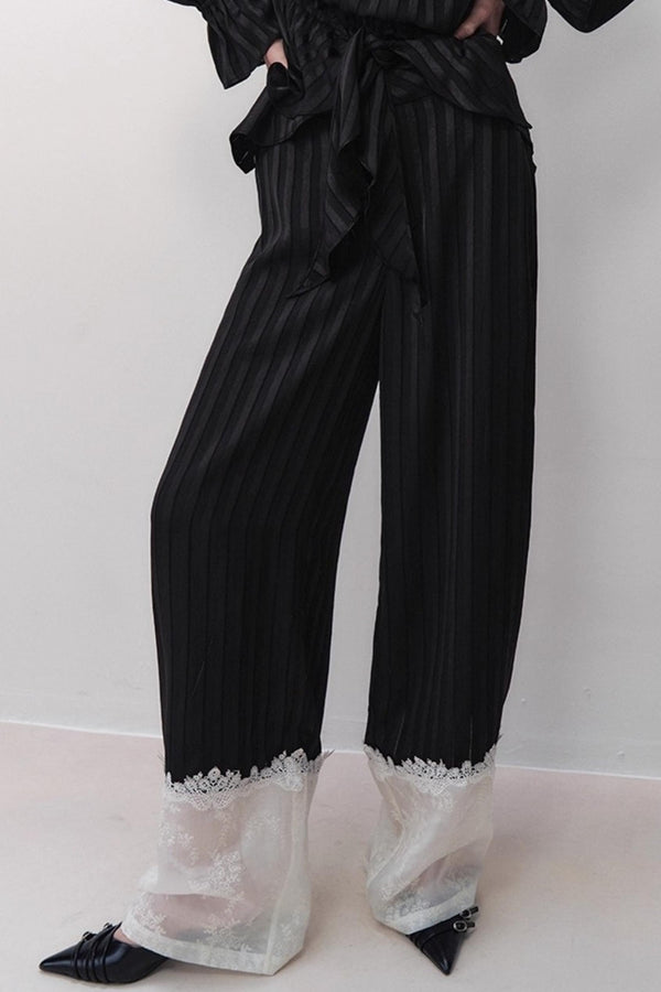 Flowing Tencel Embroidered Striped Straight-leg Pants