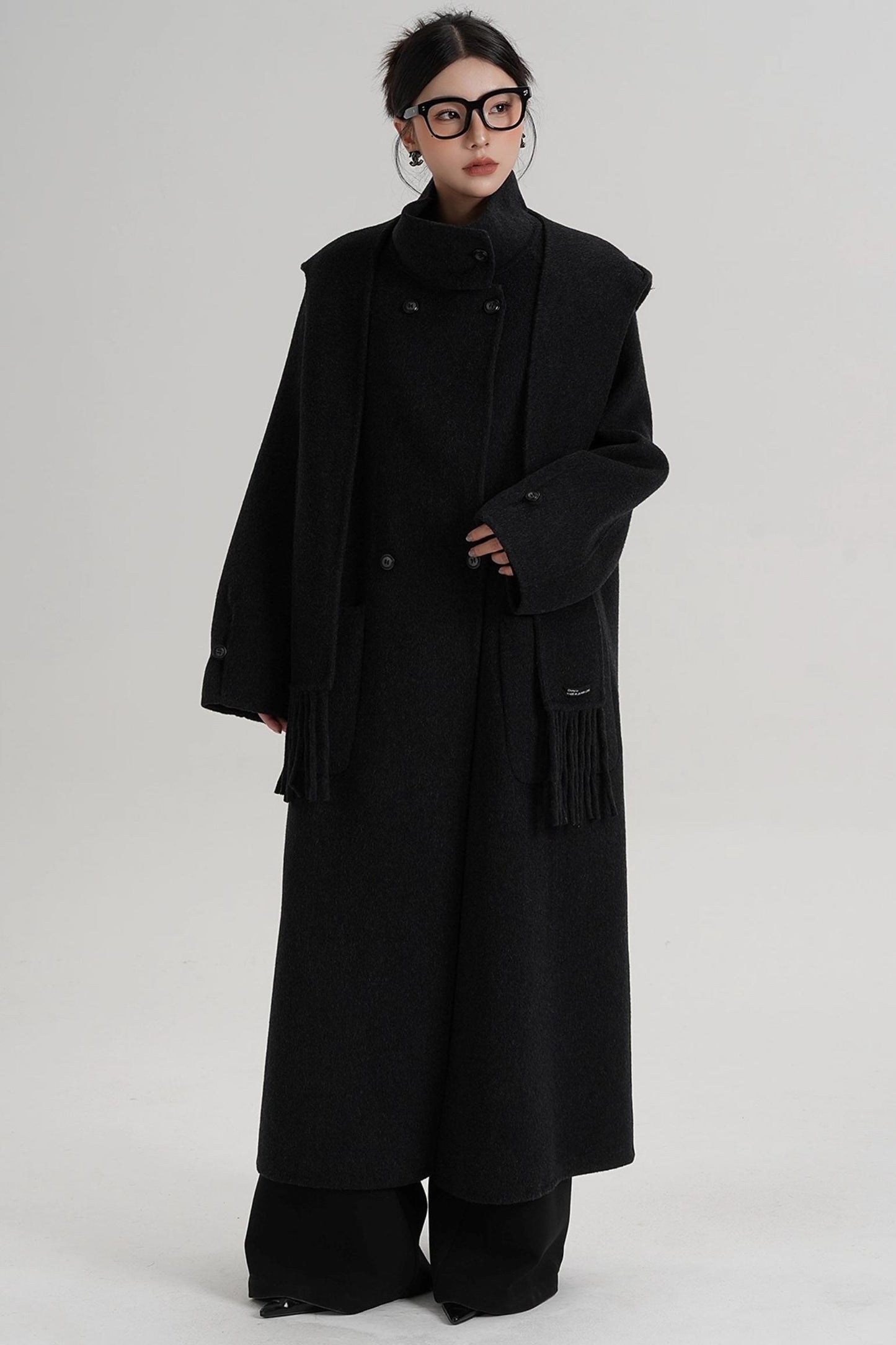 Temperament Hooded Scarf Wool Coat