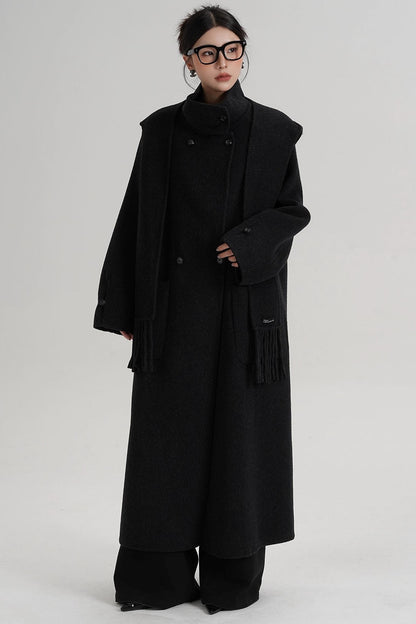 Temperament Hooded Scarf Wool Coat
