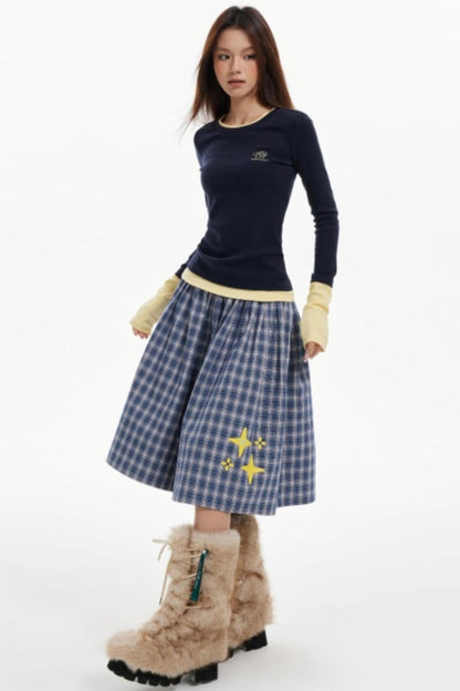 Contrast Fake Two Vintage Long-Sleeve Top