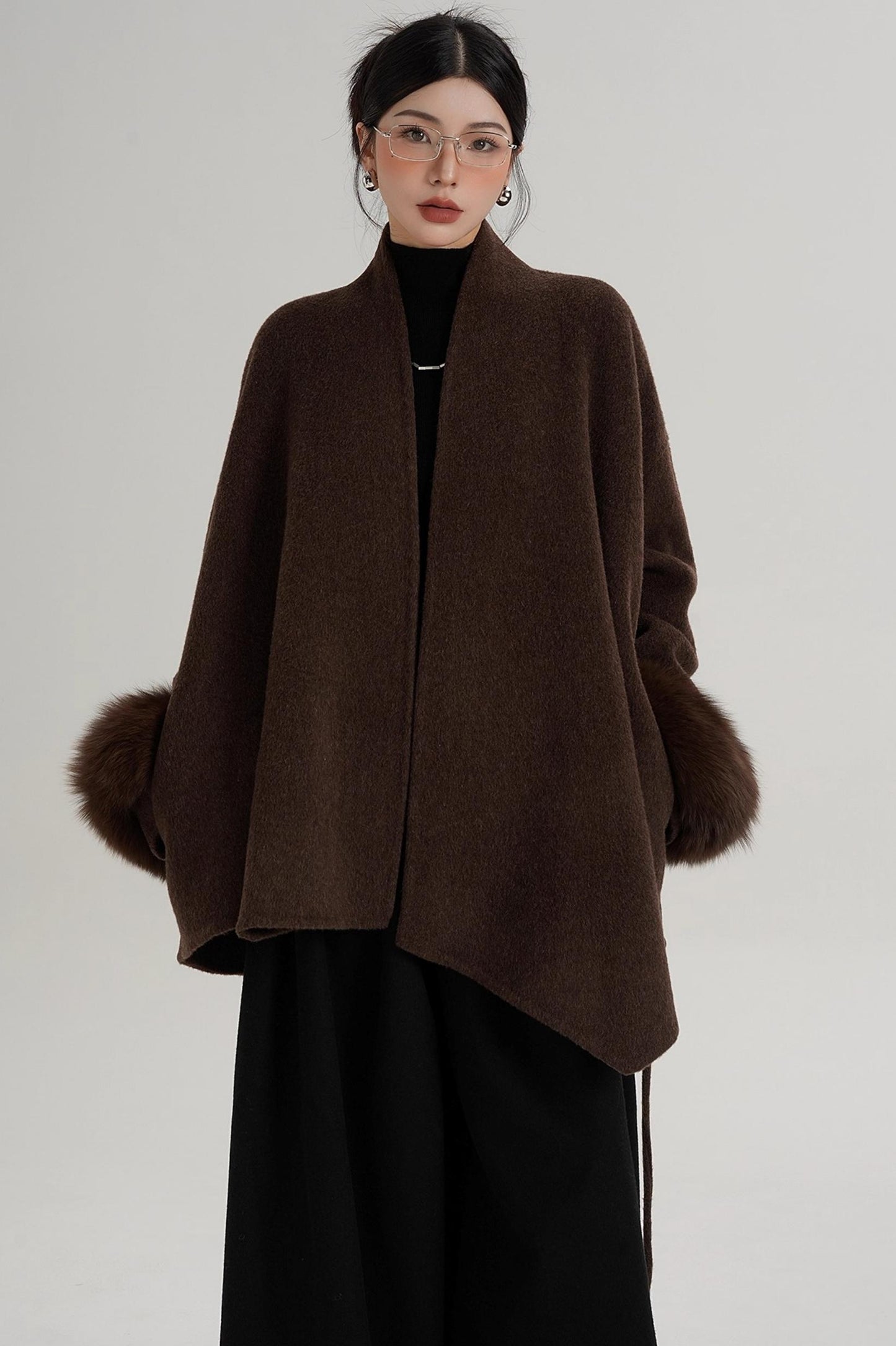 Elegant Fox Fur Sleeve Wool Coat