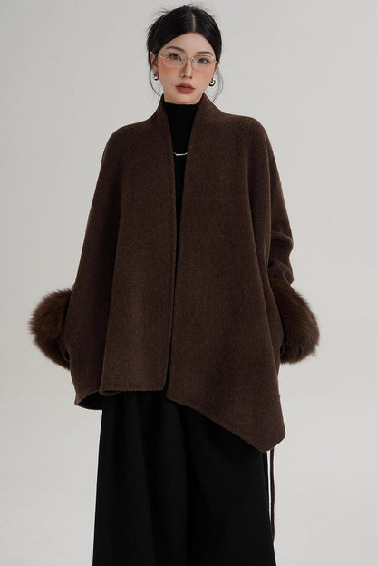 Elegant Fox Fur Sleeve Wool Coat