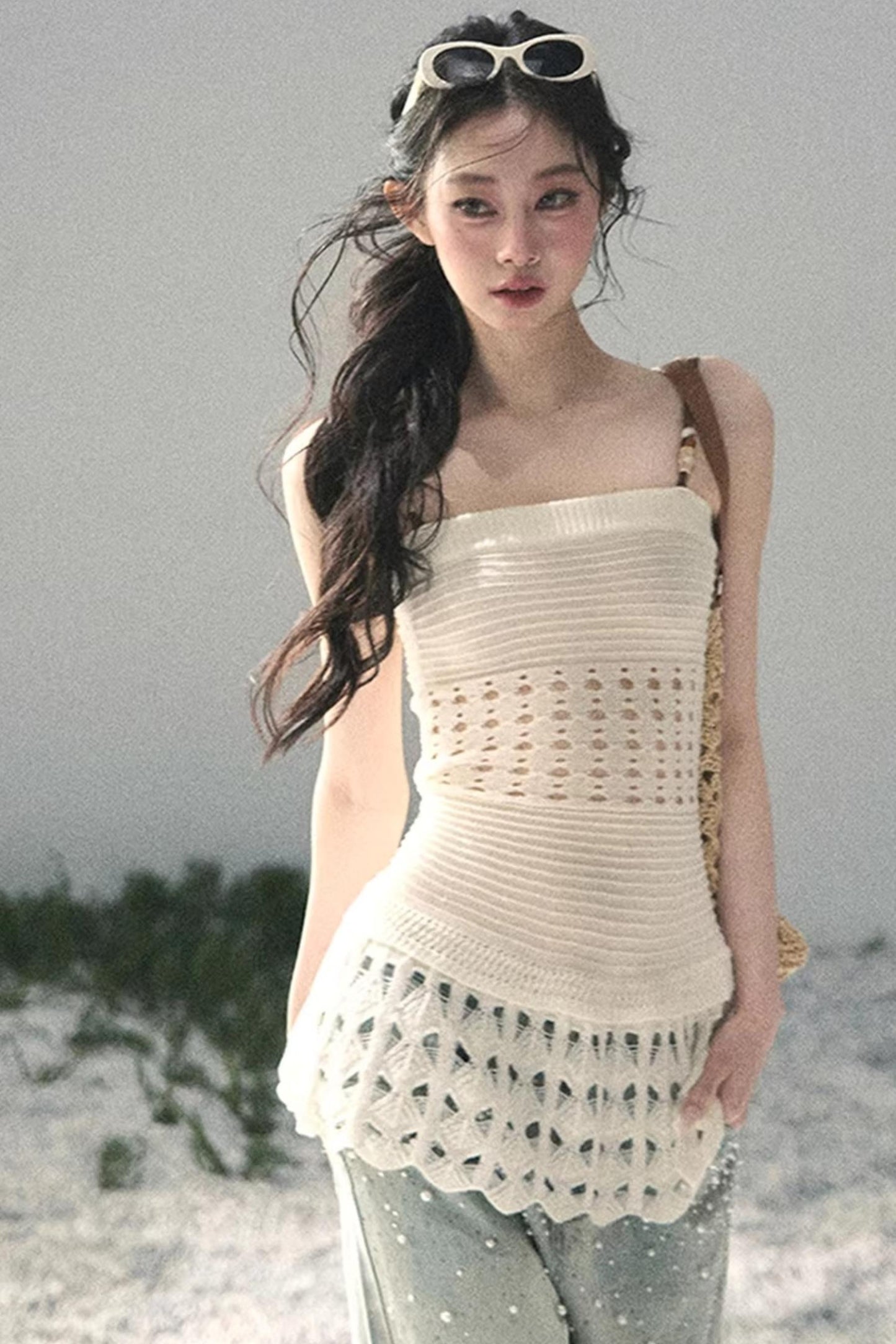 Französisches Strick-Hollow-Out-Unterhemd