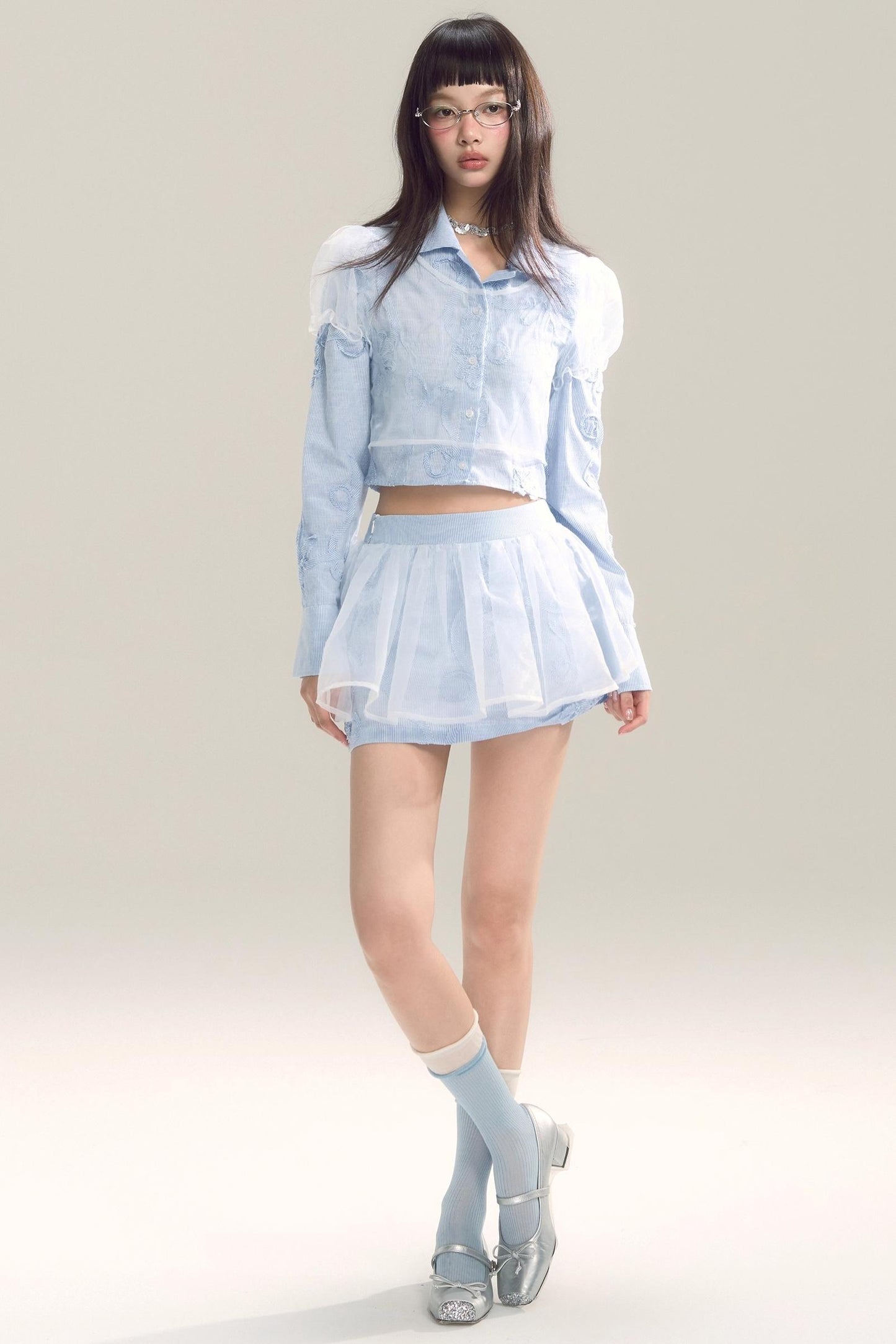 Organza Stripe Skirt Shirt Set-Up