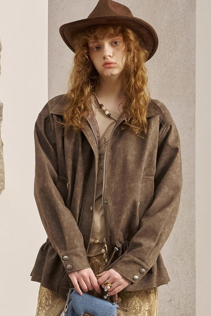 Pleats Waist Solid Color Loose Jacket